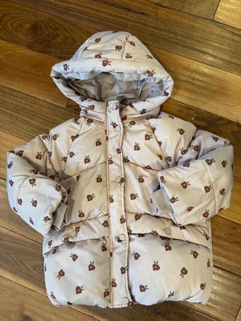 Zara Cream Puffer Jacket With Brown Floral Print - Kids Size 5/6